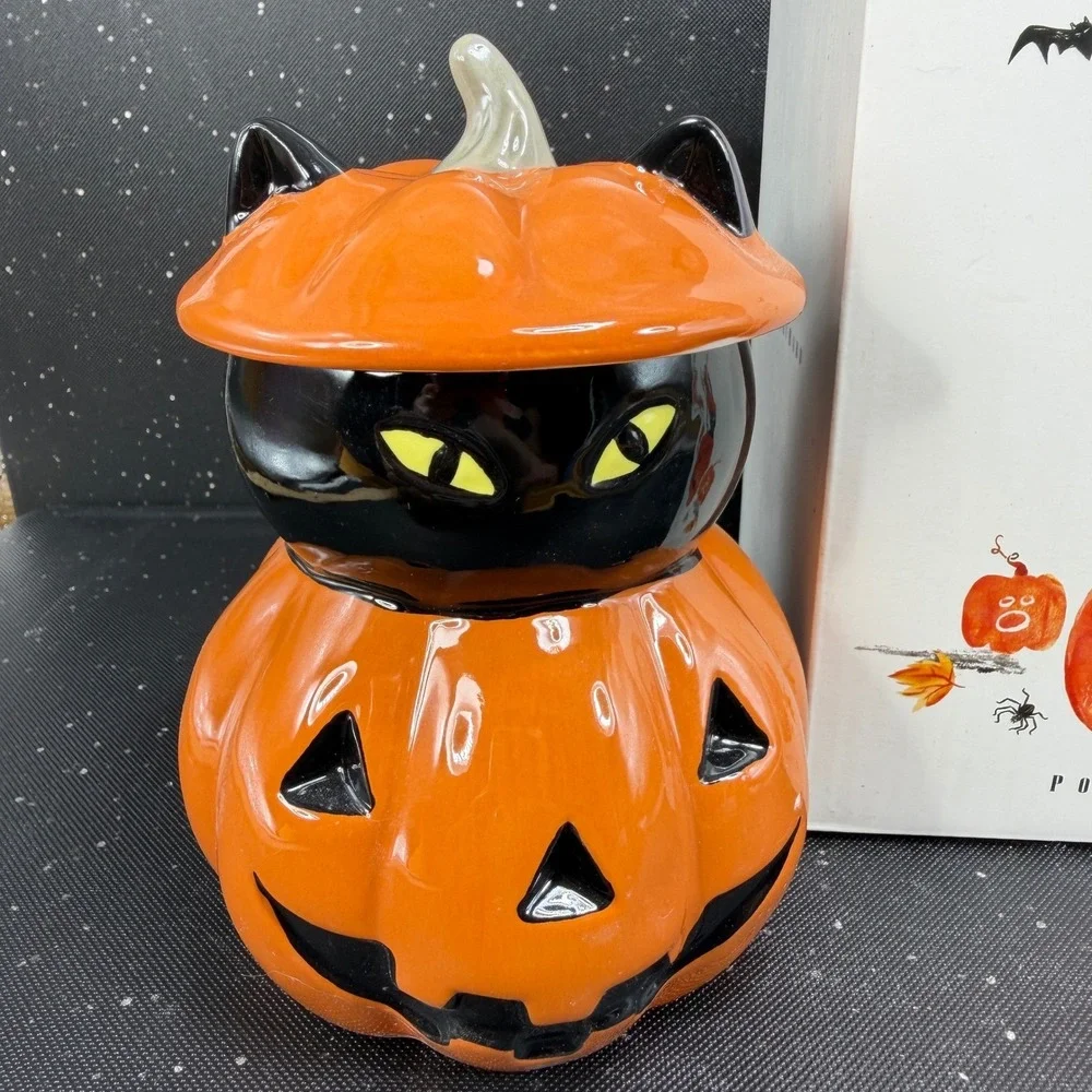 Pottery Barn Peek A Boo Cat Lidded Mug Halloween Pumpkin Black Cat Ceramic Cup